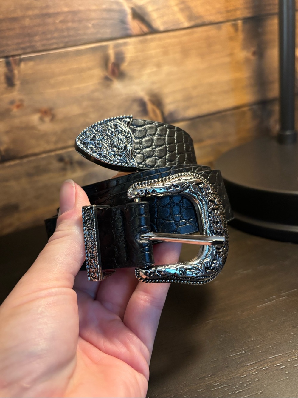 Black Western Belt With Silver Belt Buckle & Detailing
